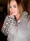 Grey sherpa pullover with leopard details on sleeves and collar