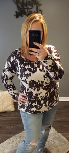 Cowprint scoop neck waffle knit top