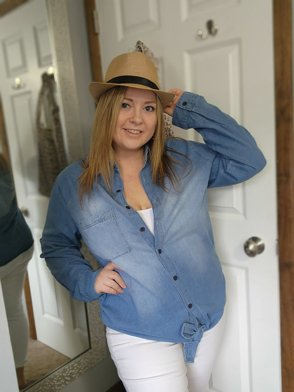 Blue washed pocketed denim shirt with tie front detail