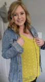 Yellow button down swiss dot tank