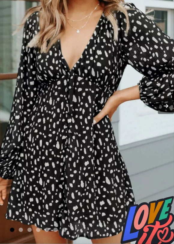 Black Dot Pattern V Neck Mini Dress