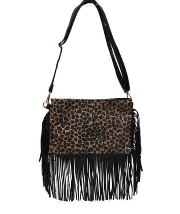 Leopard print fringe crossbody